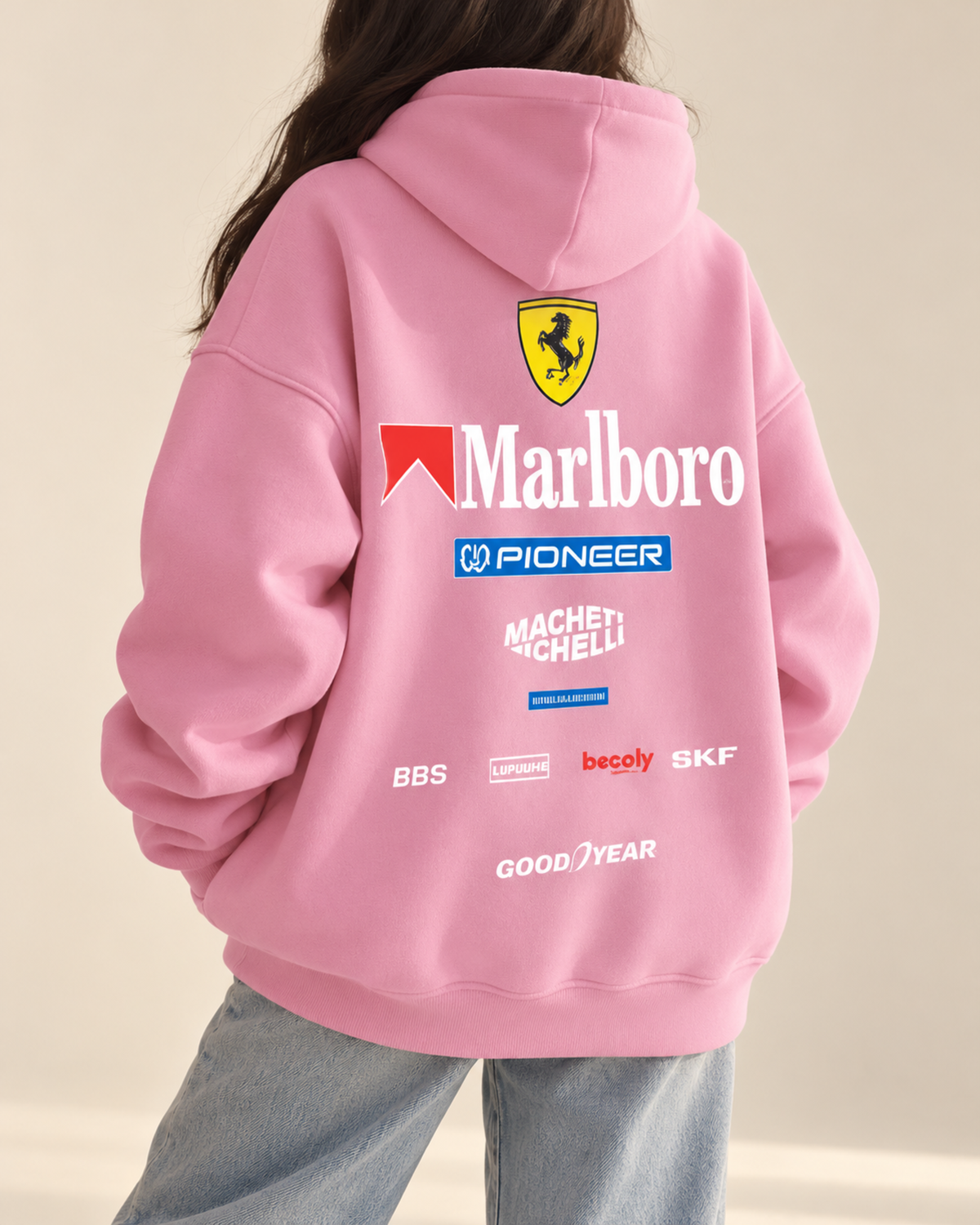 Back view of pink hoodie with racing-style logo print
