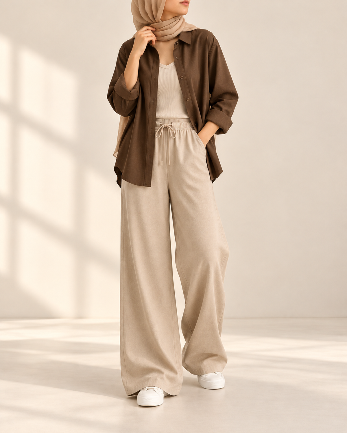 mocha-button-down-with-sand-wide-leg-trousers-front