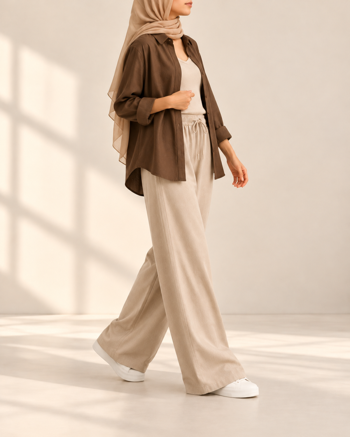 mocha-button-down-with-sand-wide-leg-trousers-side