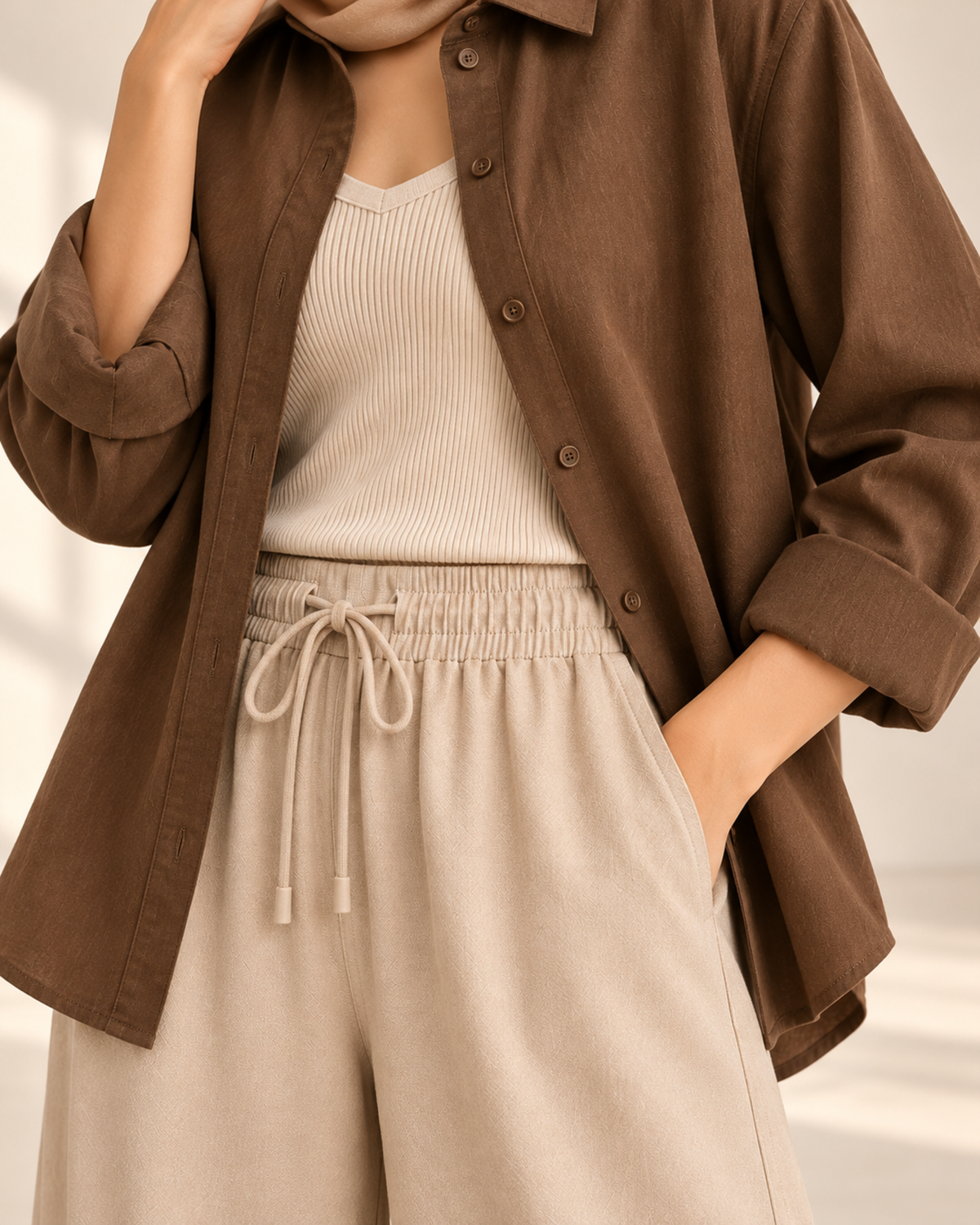 mocha-button-down-with-sand-wide-leg-trousers-closeup