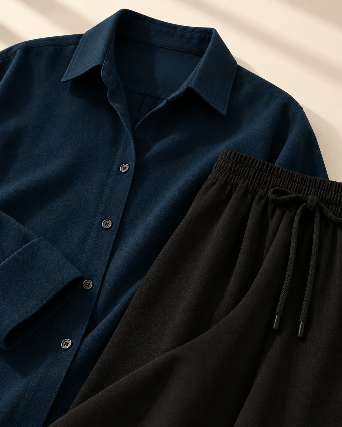 navy-button-down-with-black-flapper-trouser-closeup