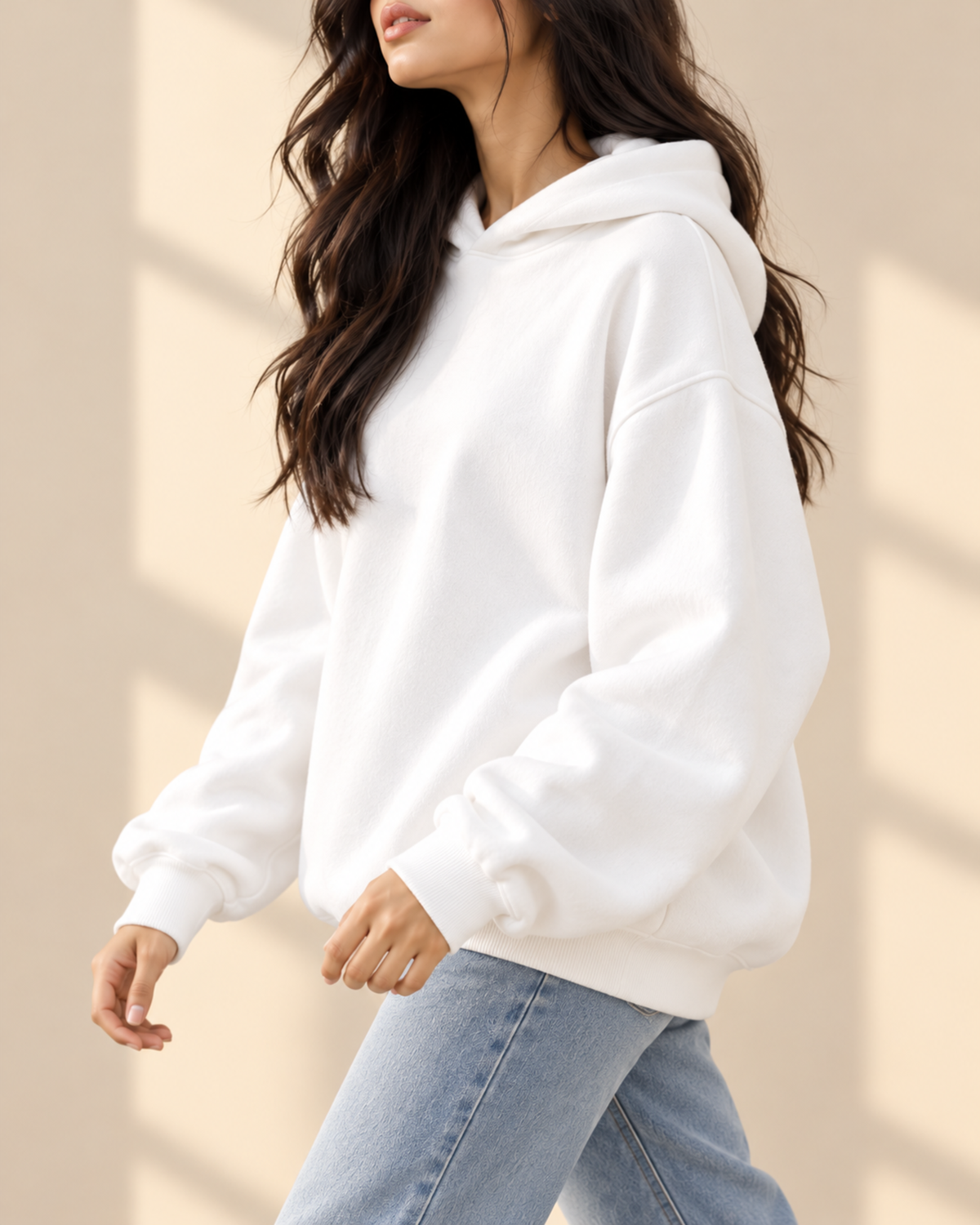 White oversized hoodie, side view
