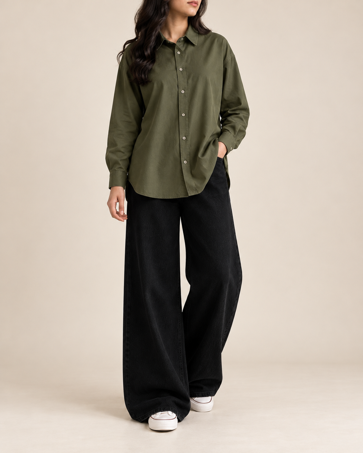 Olive green button-down shirt with black wide-leg jeans, front view