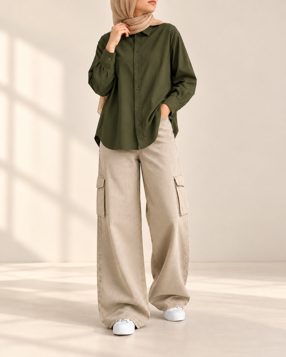 Olive green button-down shirt with beige wide-leg cargo jeans, front view