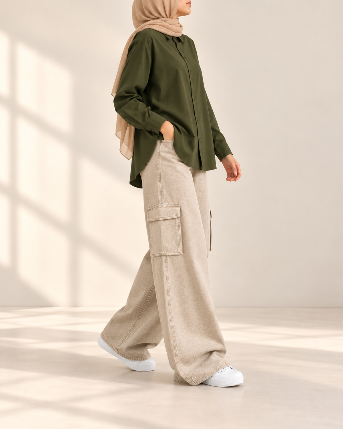 Olive shirt and beige cargo jeans, side view