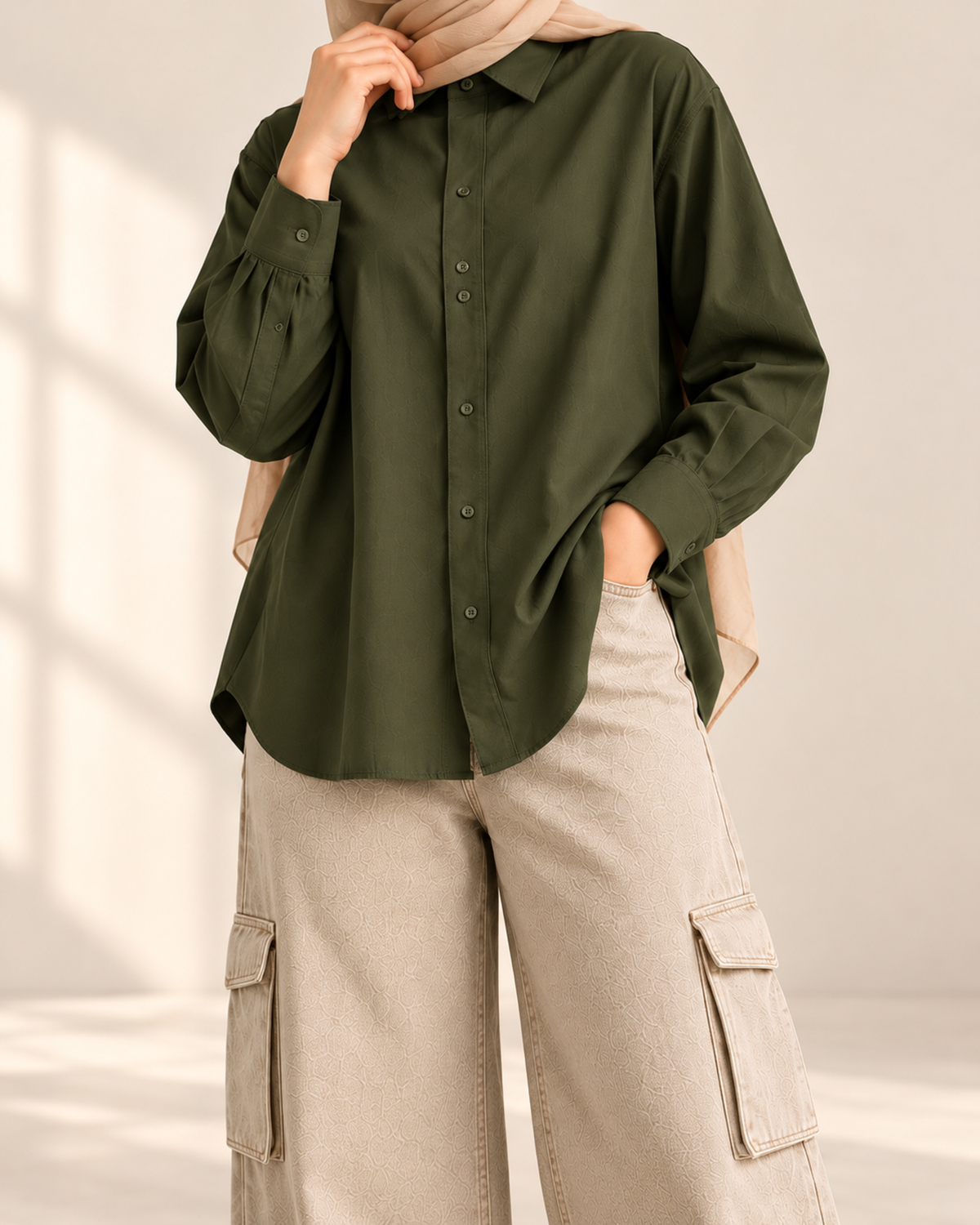Olive green button-down shirt with beige cargo jeans, three-quarter close view