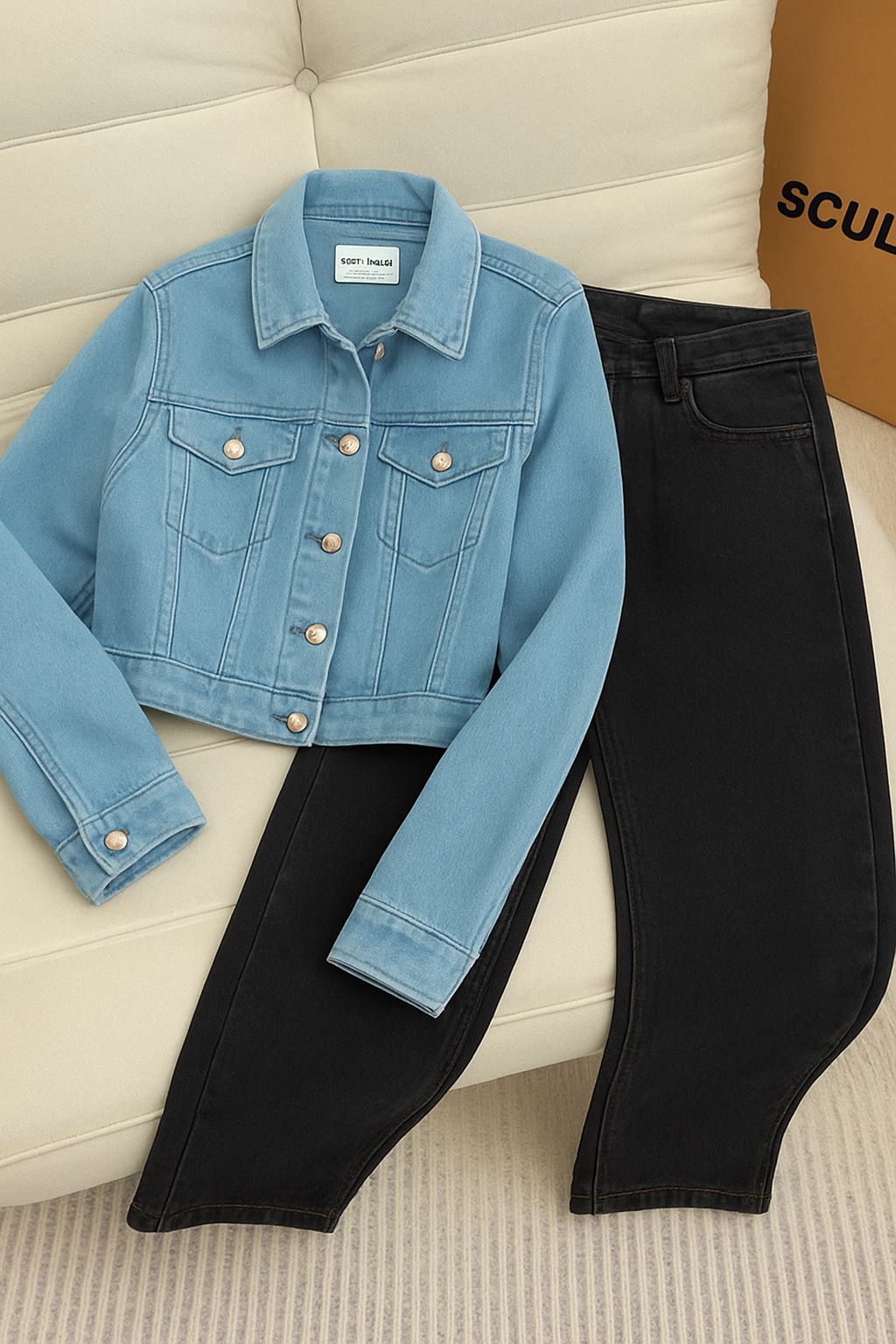 DENIM JACKET WITH BLACK WIDE LEG JEANS by TeesnTies, view 1 of 2