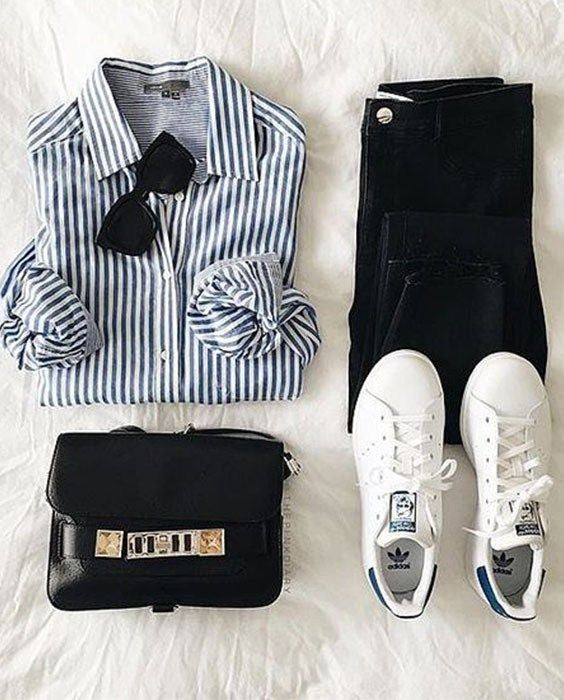 Blue stripes button down shirt with black wide leg jeans by TeesnTies, view 1 of 1