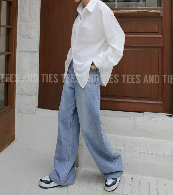 White button down shirt with wide leg jeans by TeesnTies, view 1 of 1