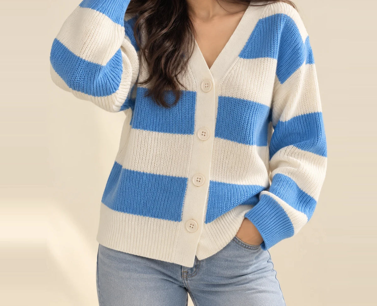 Sky Blue Stripe Cardigan worn with jeans