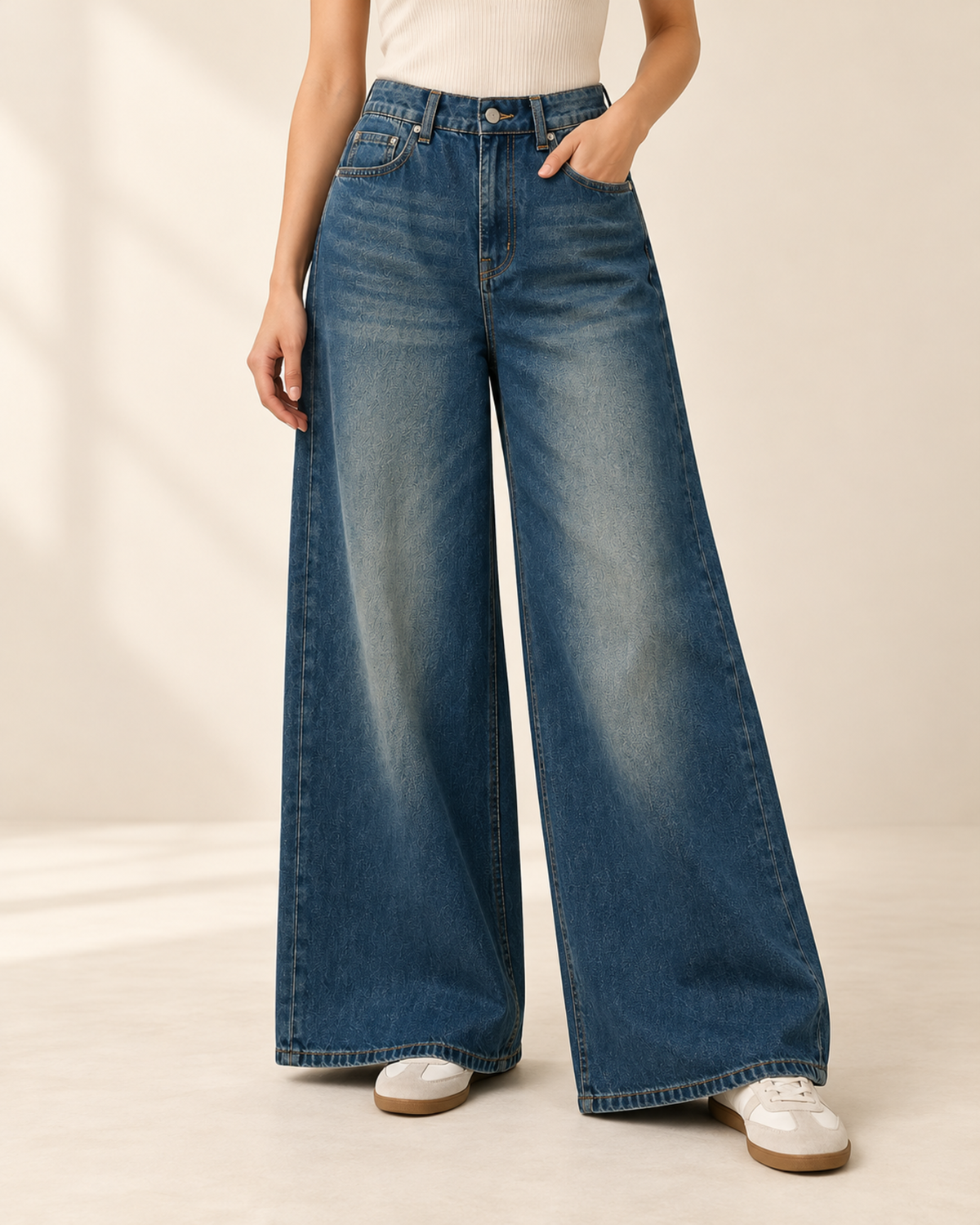 Vintage blue wash super wide-leg jeans, front view
