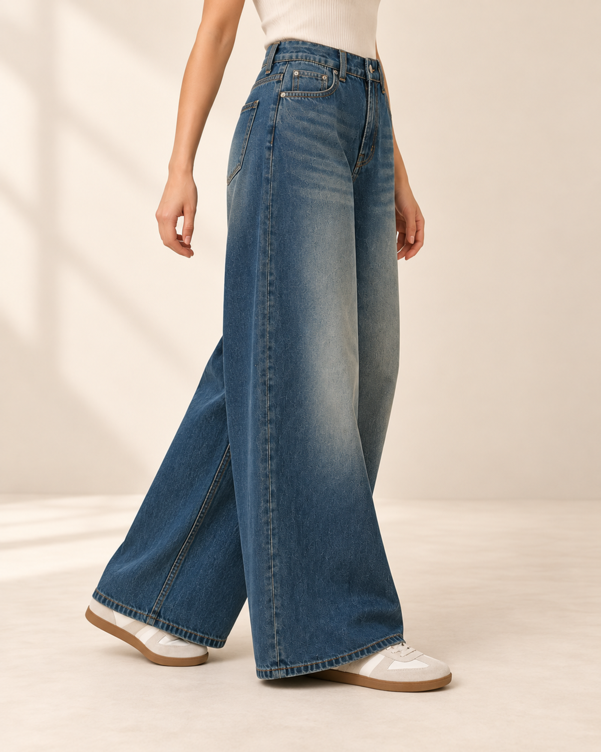Vintage blue wash super wide-leg jeans, side view