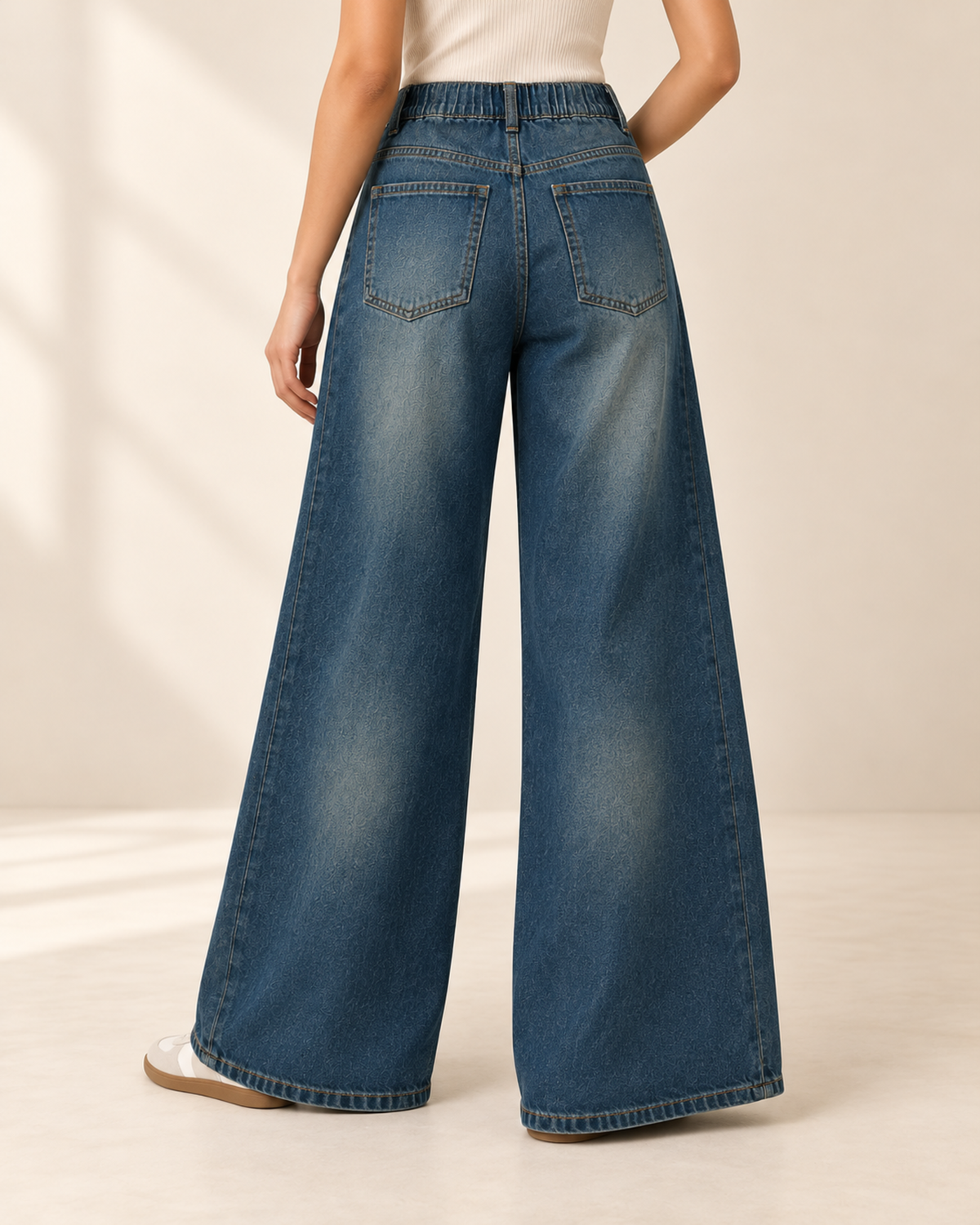 Back view of vintage blue wash super wide-leg jeans