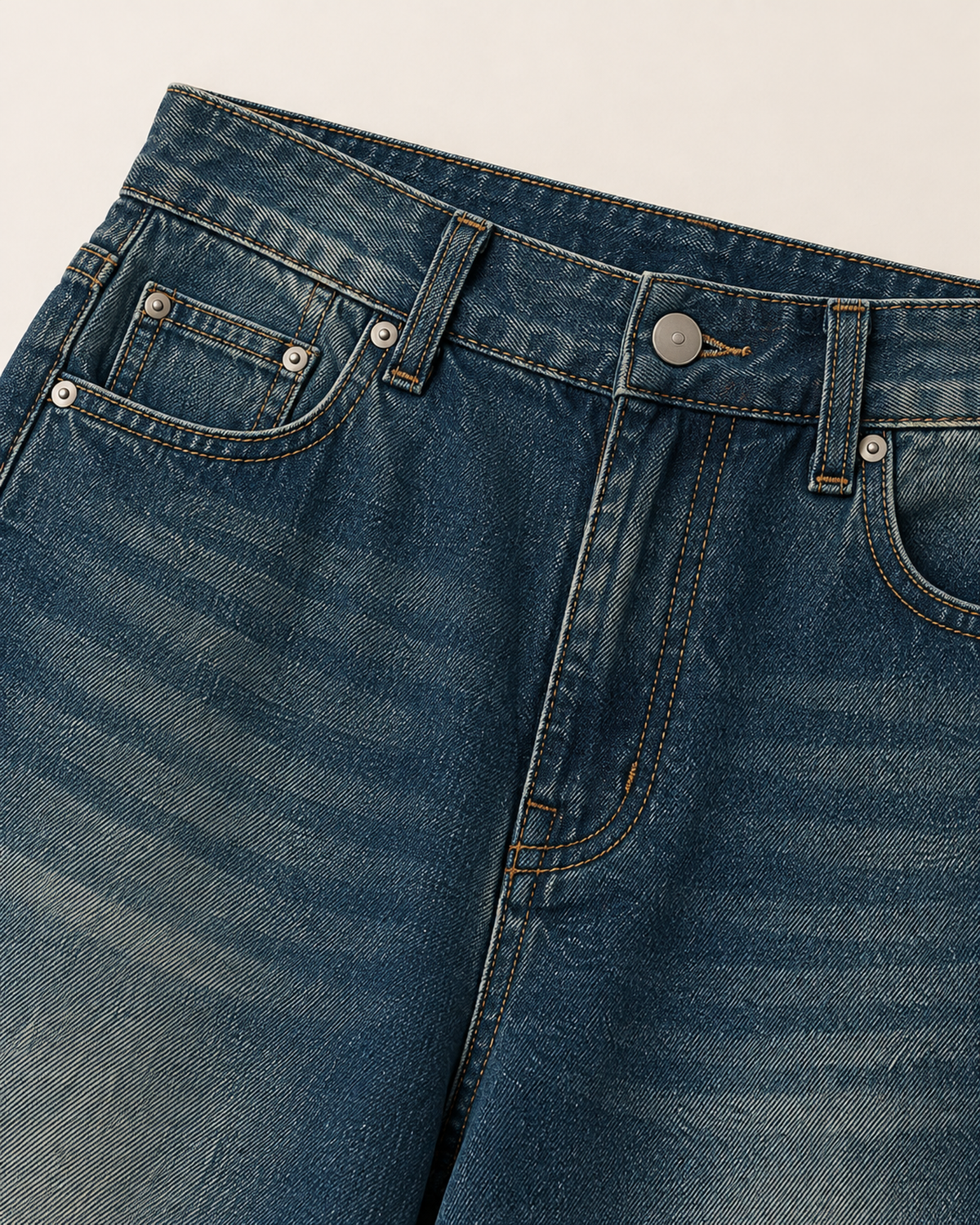 Close-up of vintage blue wash denim waistband, button and pocket