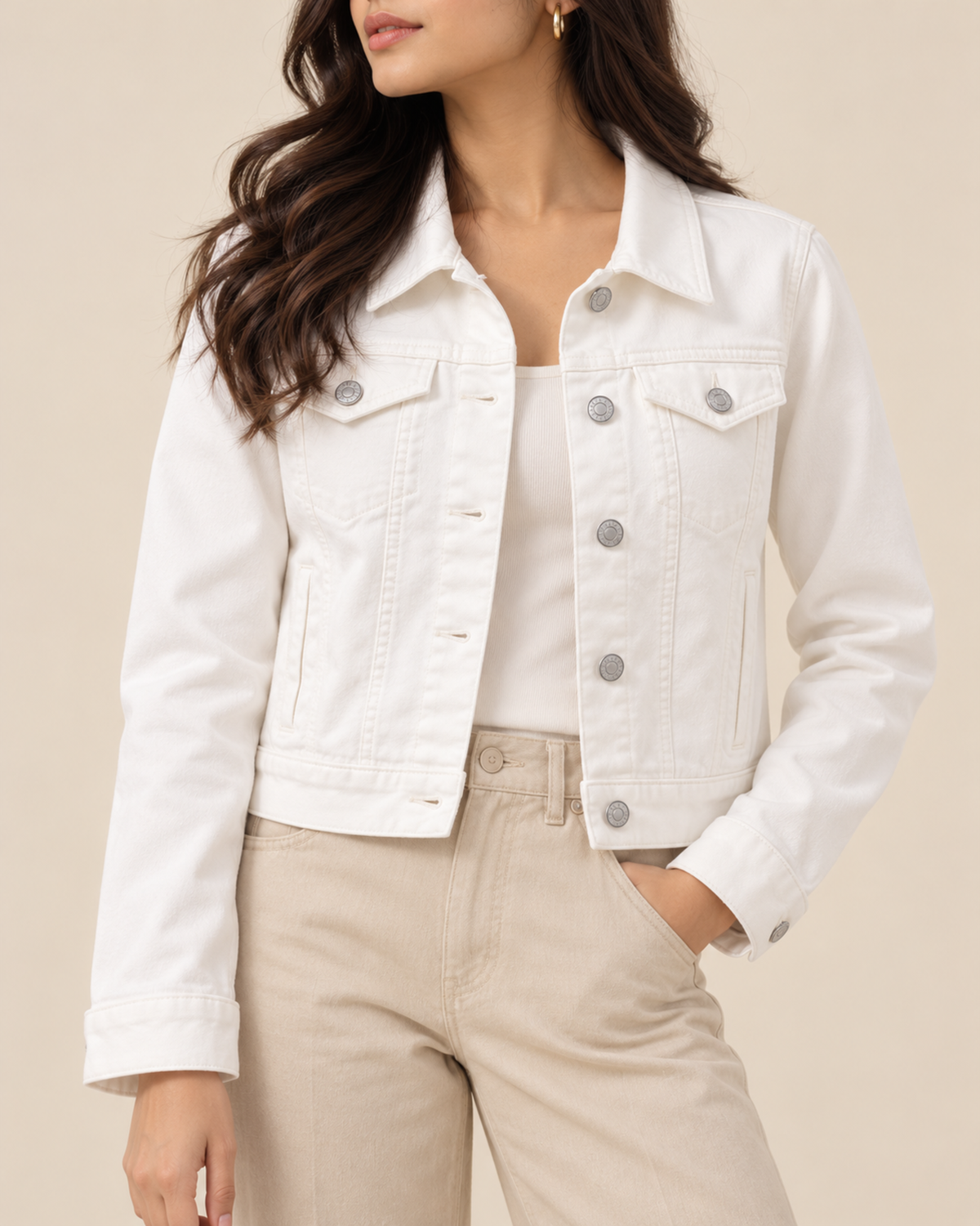 Cropped white denim jacket over a cream top with beige trousers, front view