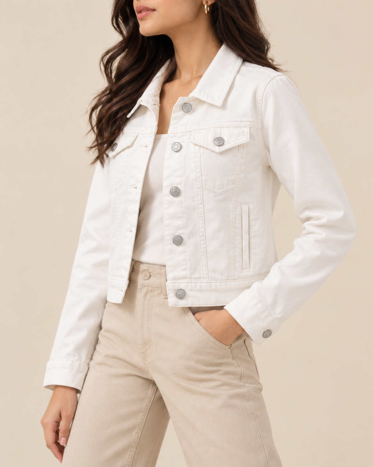 Cropped white denim jacket with beige trousers, side view