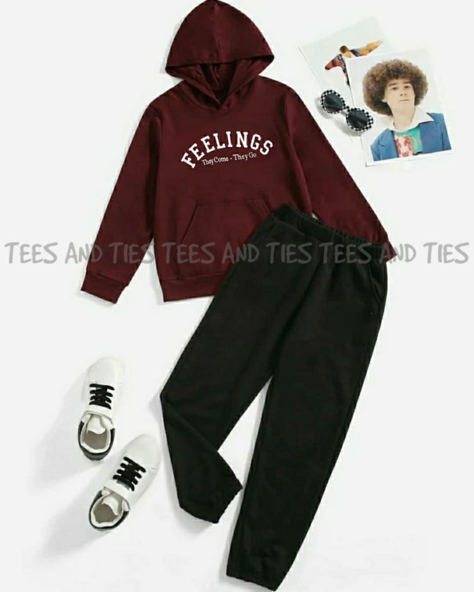 Feelings maroon black hoodie tracksuit by TeesnTies, view 1 of 1